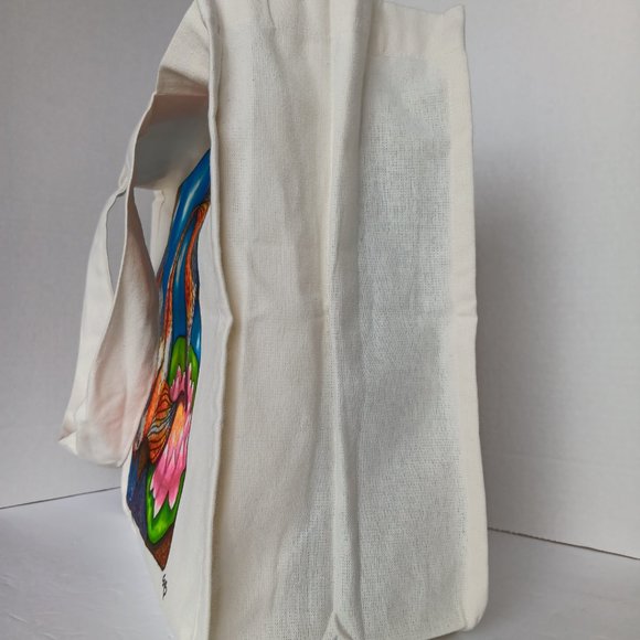 Hand-Painted Koi Fish Canvas Tote Bag: Lotus Pond Reusable Bag 14x13x7 inches - Picture 3 of 10